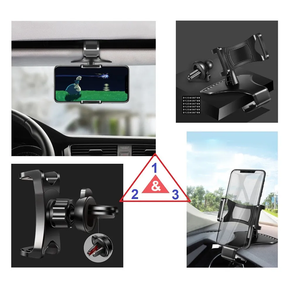 3 in 1 Car GPS Smartphone Holder: Dashboard / Visor Clamp   AC Grid Clip for Sony Xperia X Performance 502SO - Black