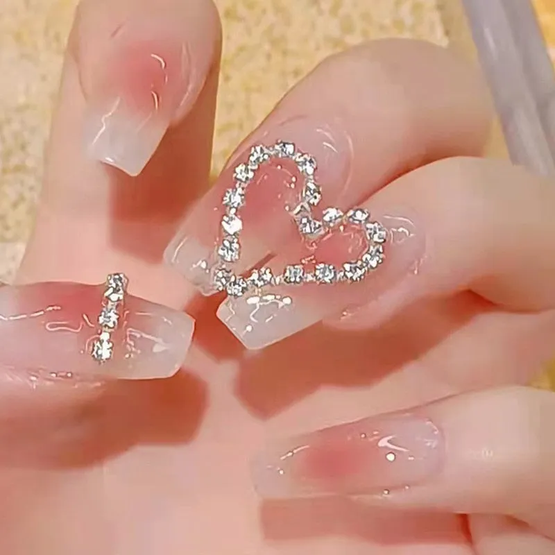 Joskaa 24P Moonlight Mermaid Medium Fake Nail Flash Aurora False Nails Broken Diamond Hand-painte Press on Nails Back To School Nails