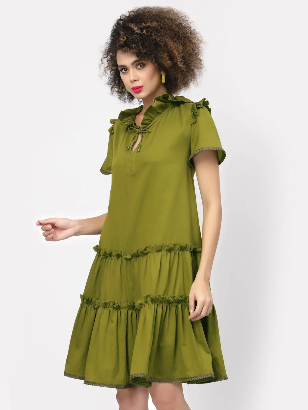 Olive Tiered Dress With Laces