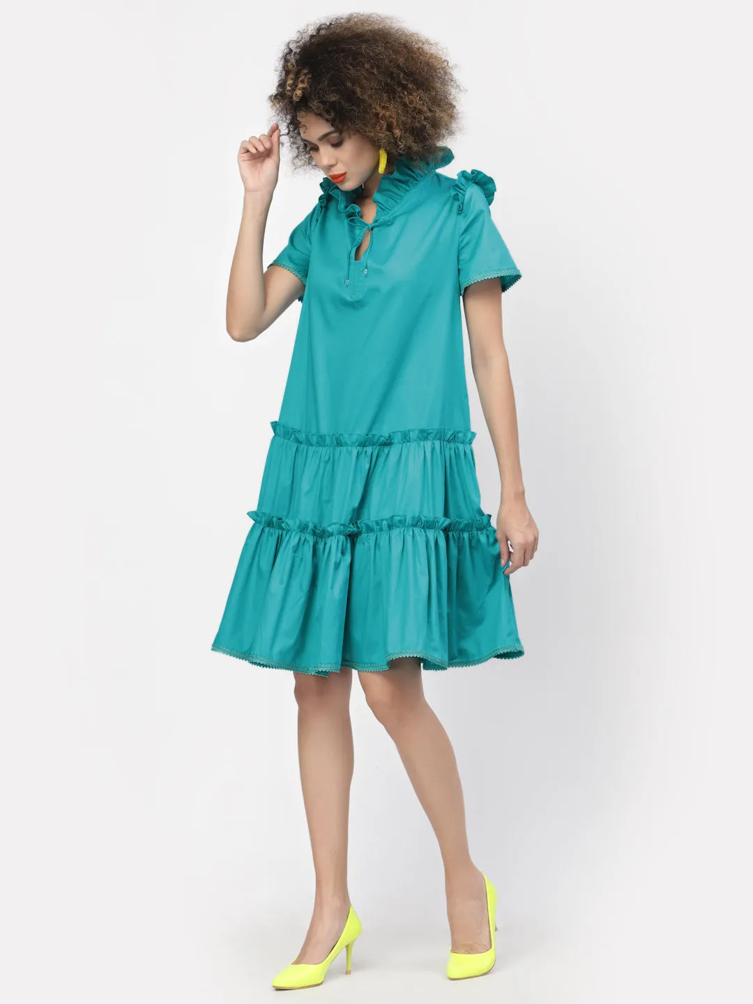 Turquoise Tiered Dress With Laces