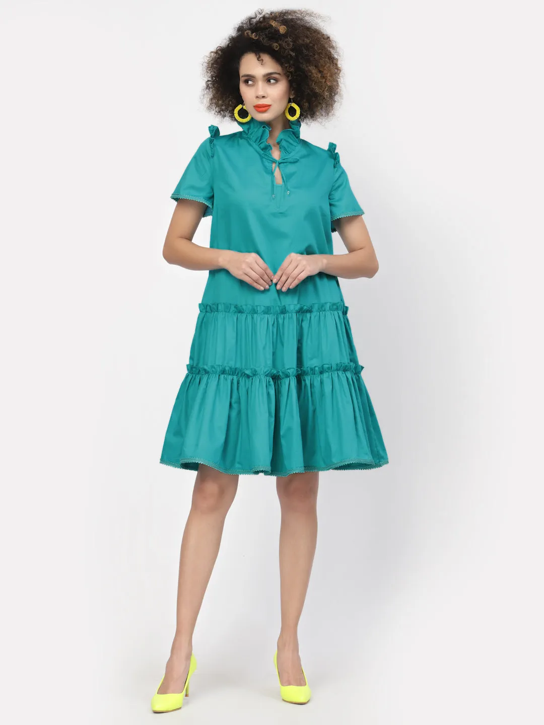 Turquoise Tiered Dress With Laces