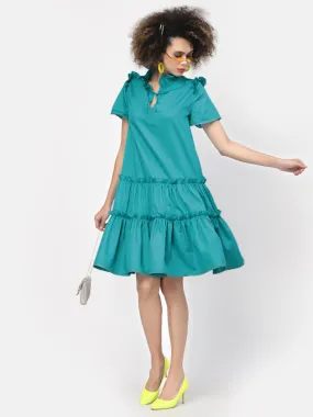 Turquoise Tiered Dress With Laces