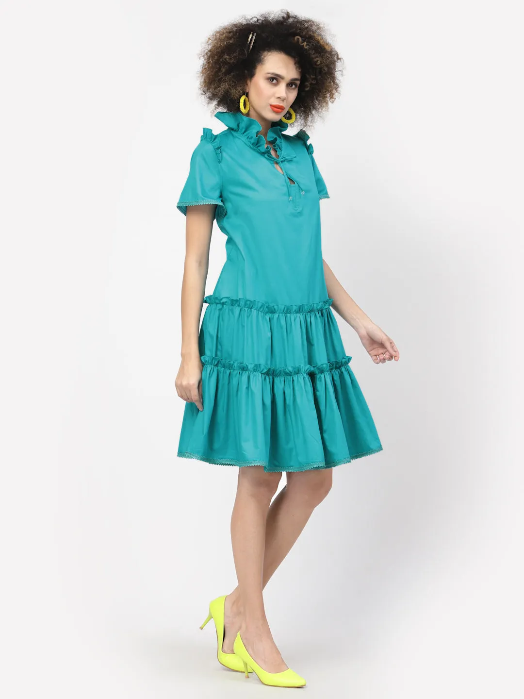Turquoise Tiered Dress With Laces
