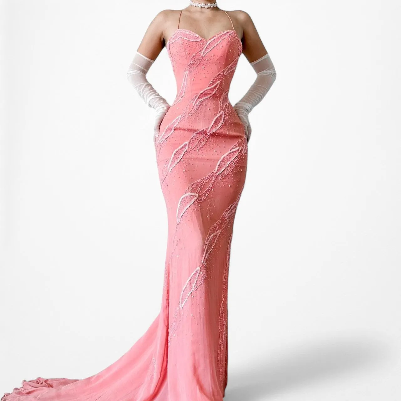 Vintage Pink Bodycon Silk Beaded Sequin Maxi Prom Dress Size XS/S