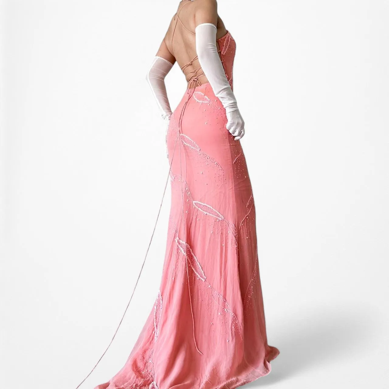 Vintage Pink Bodycon Silk Beaded Sequin Maxi Prom Dress Size XS/S