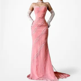 Vintage Pink Bodycon Silk Beaded Sequin Maxi Prom Dress Size XS/S