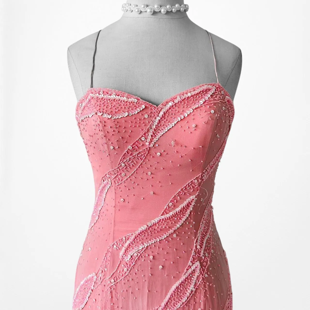 Vintage Pink Bodycon Silk Beaded Sequin Maxi Prom Dress Size XS/S
