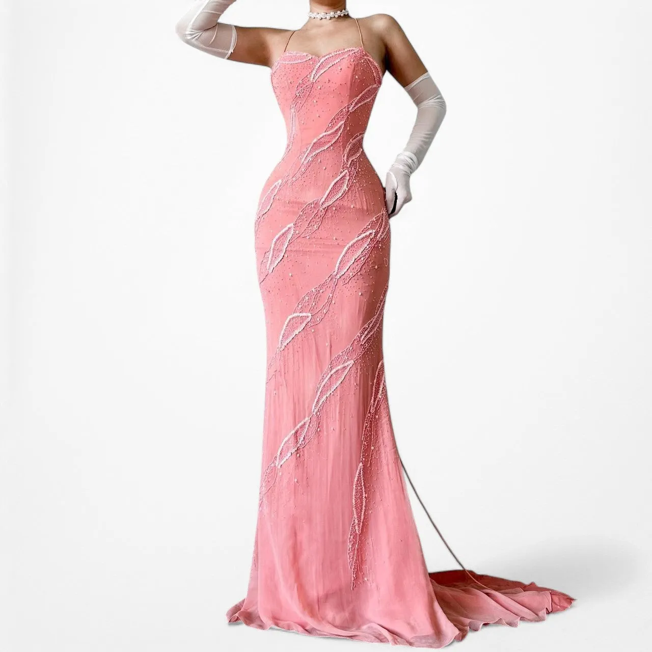 Vintage Pink Bodycon Silk Beaded Sequin Maxi Prom Dress Size XS/S