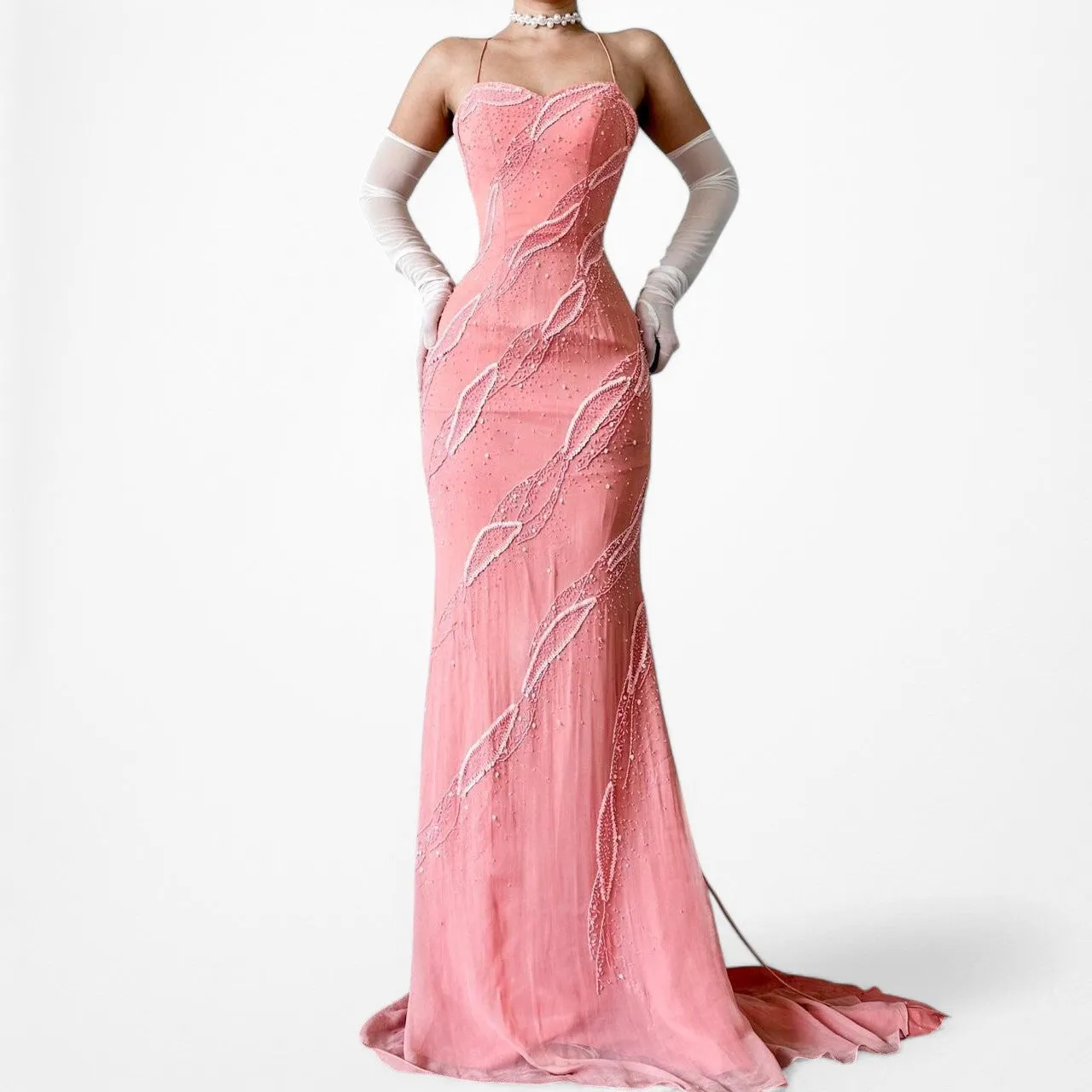 Vintage Pink Bodycon Silk Beaded Sequin Maxi Prom Dress Size XS/S