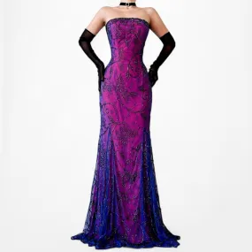 Vintage Purple Blue Strapless Floral Beaded Mesh Maxi Bodycon Formal Prom Dress Size L